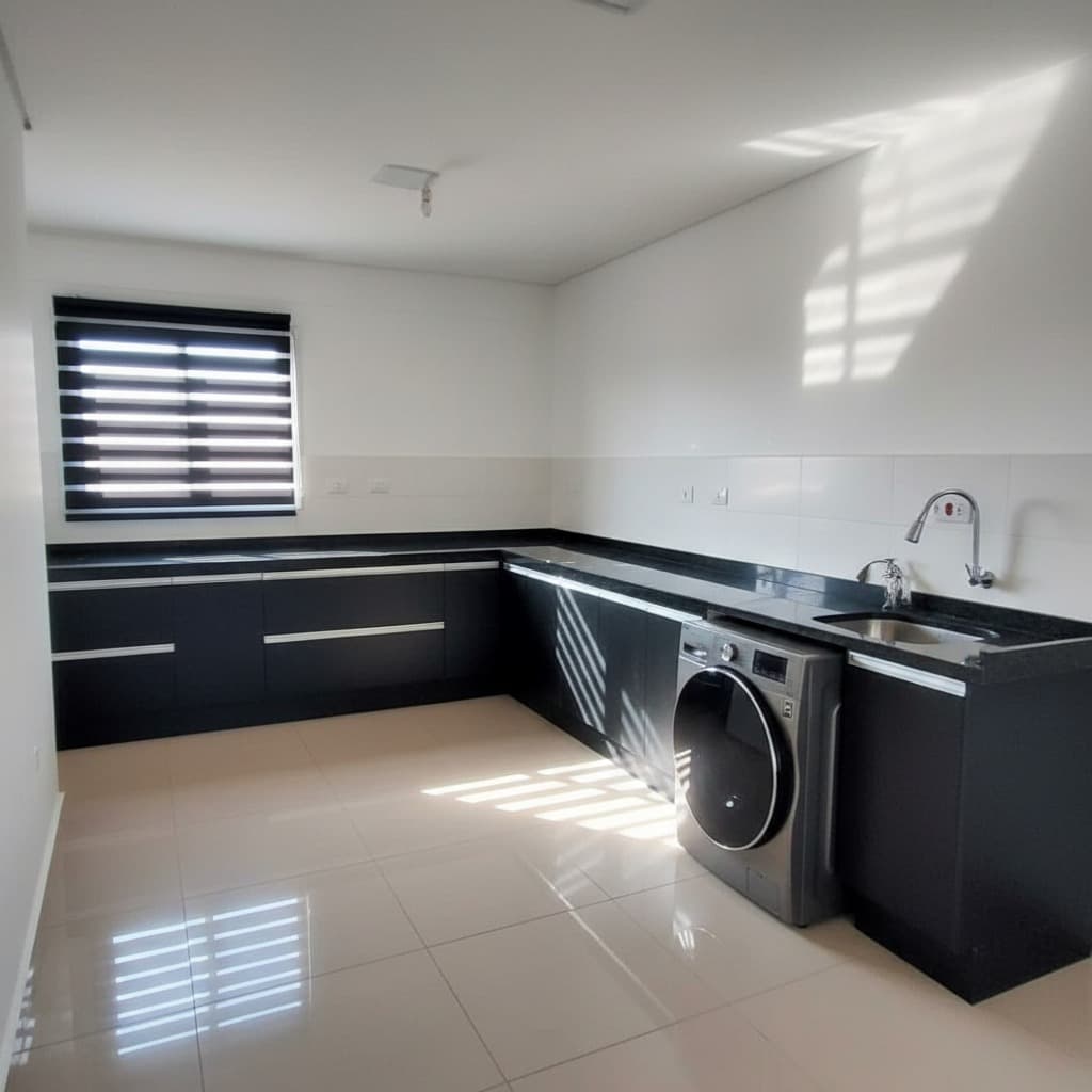Área de serviço em L com armários planejados pretos, bancada contínua e janela com persiana para ventilação.