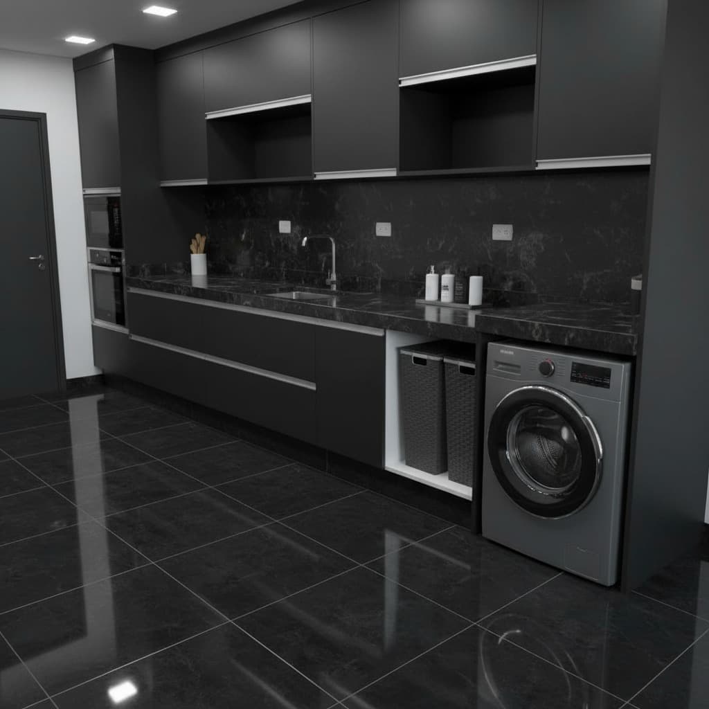 Lavanderia sofisticada com revestimento de parede em mármore escuro, armários planejados cinza chumbo e nichos para organização.
